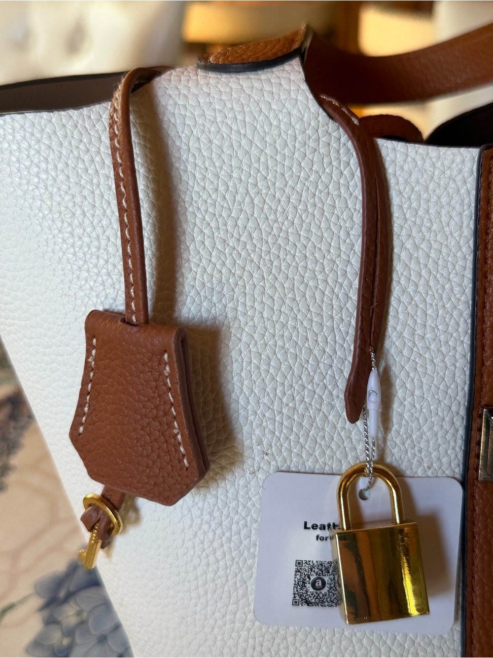Genuine leather clochette with gold padlock and key bag charm